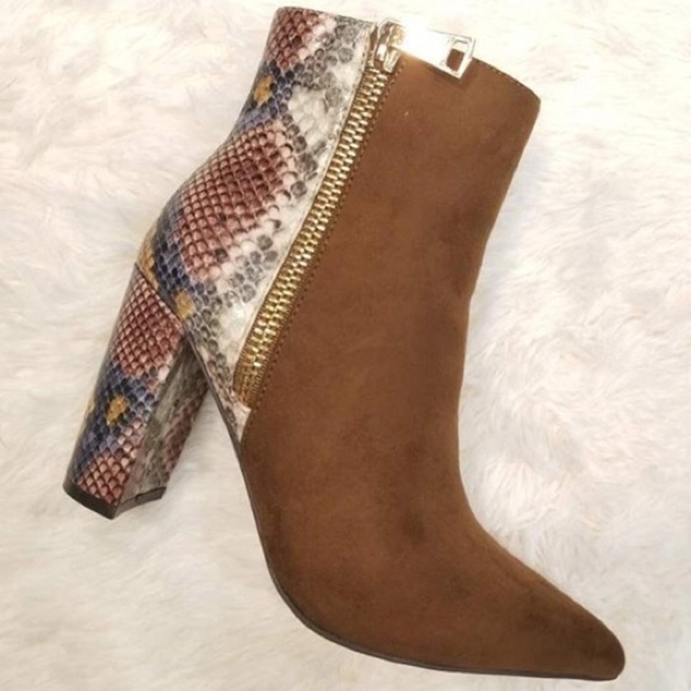 Bamboo Cognac Snake Print Color Block Heel Boot 10 - image 2